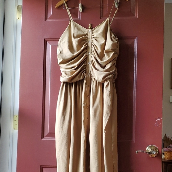 Target Tan Ruched Spaghetti Strap Maxi Dress - Picture 2 of 10